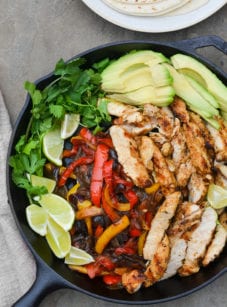 Skillet of chicken fajita fixings.