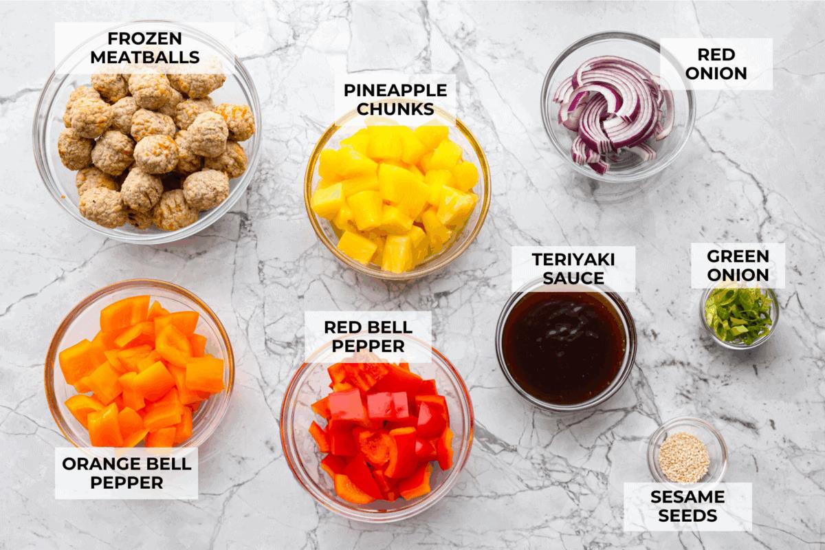 Overhead shot of labeled ingredients. 
