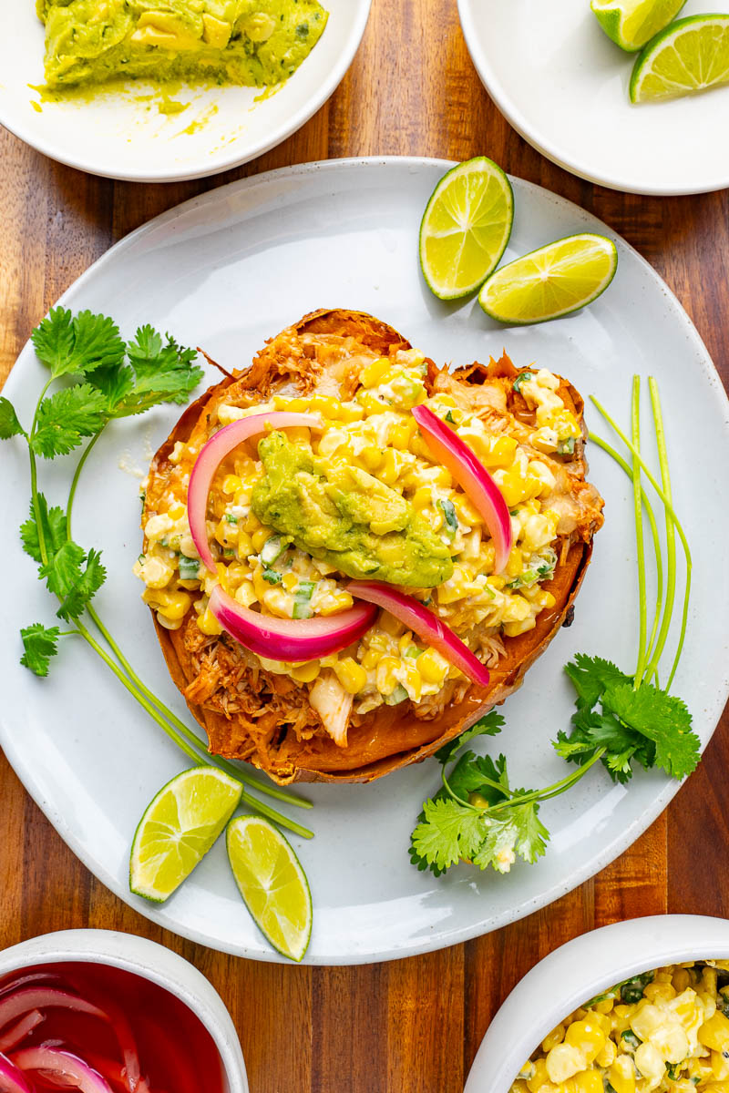 BBQ Poultry and Mexican Street Corn Salad Stuffed Sweet Potatoes