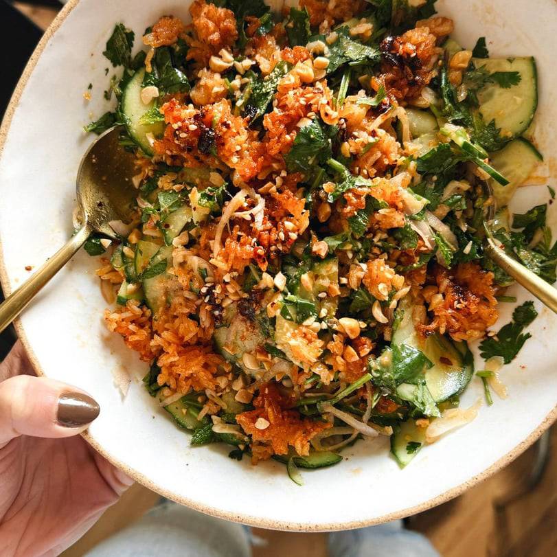 Crispy rice salad in a bowl.