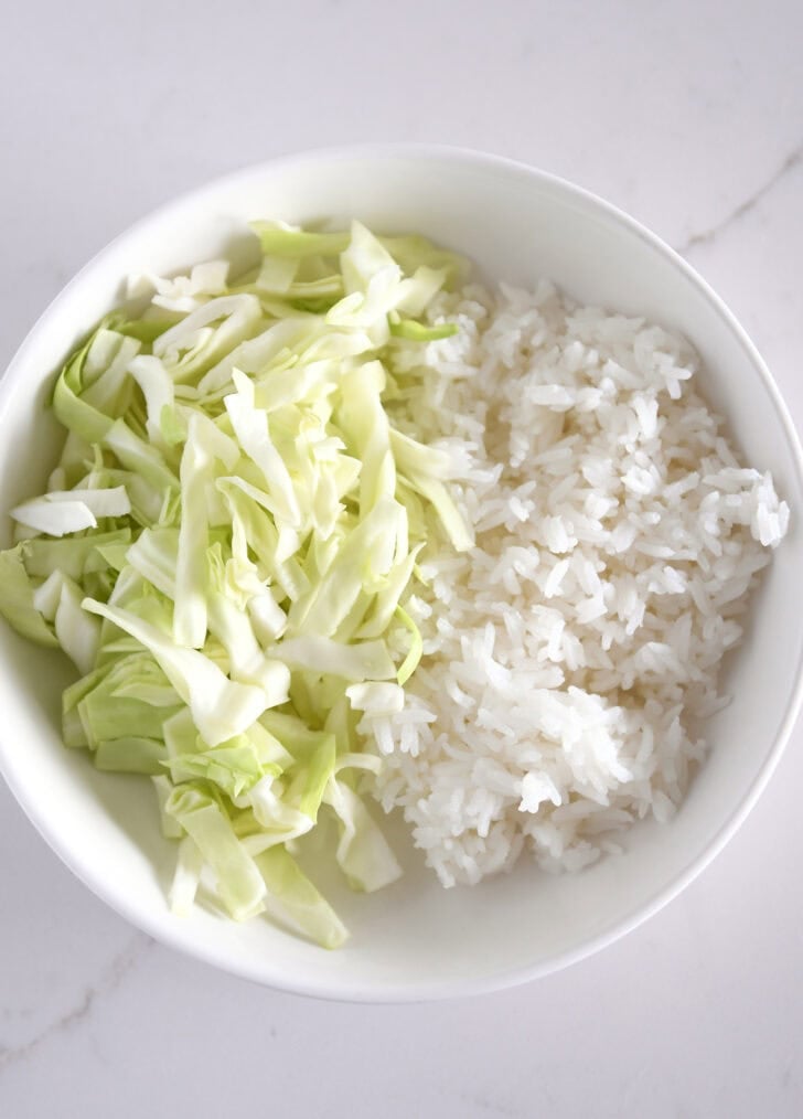 White bowl with chopped cabbage and white rice.