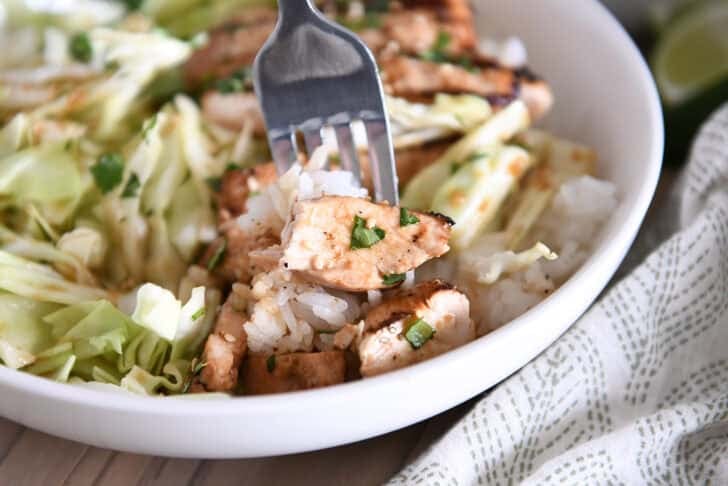 Fork with bite of rice, grilled chicken and chopped cilantro.