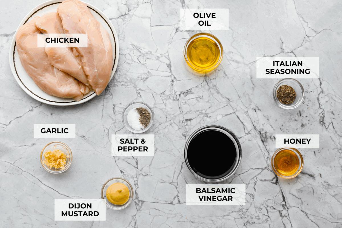 Overhead shot of labeled ingredients.