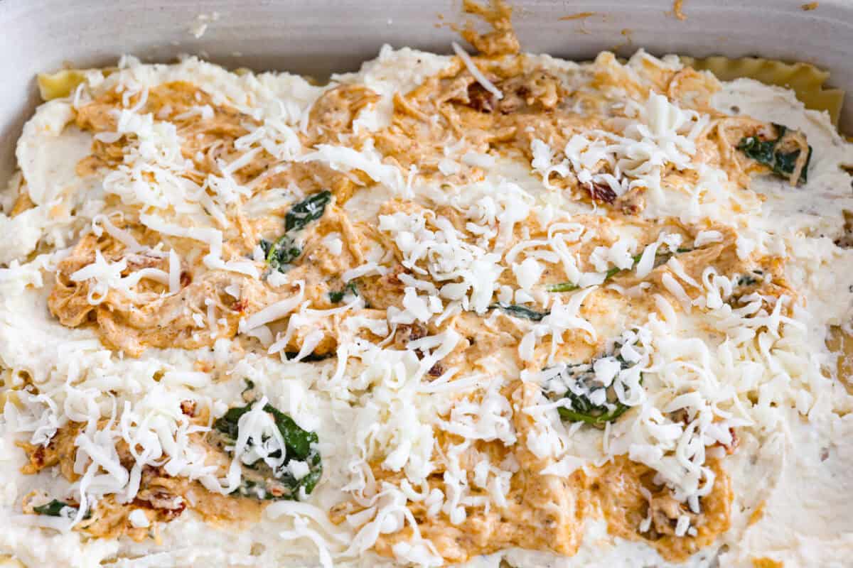 They don’t call it Marry Me Lasagna for nothing! One bite of the creamy sauce, tender chicken, and melty cheese, and everyone will be saying, Meat sauce and cheese layer on top of the ricotta layer.
