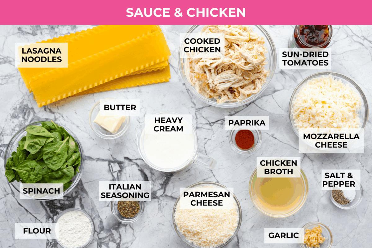 They don’t call it Marry Me Lasagna for nothing! One bite of the creamy sauce, tender chicken, and melty cheese, and everyone will be saying, Overhead shot of labeled sauce and chicken ingredients.