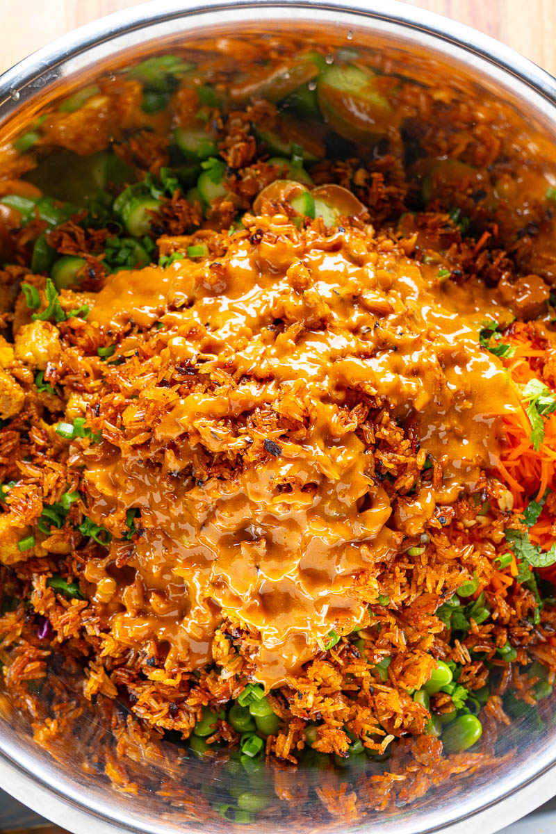 Crunchy Hen Satay Salad with Crispy Chili Rice and Peanut Dressing
