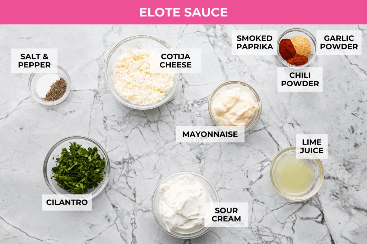 Overhead shot of labeled elote sauce ingredients. 