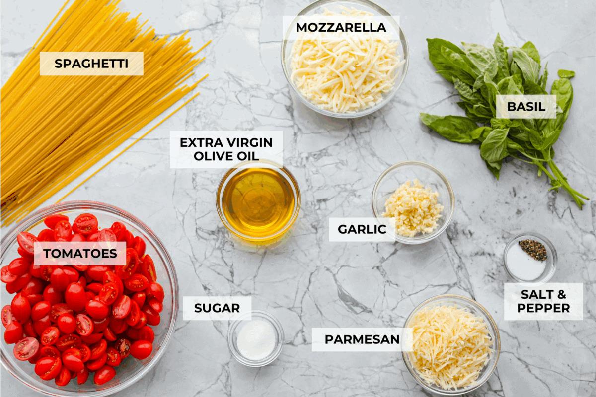 Overhead shot of labeled ingredients.
