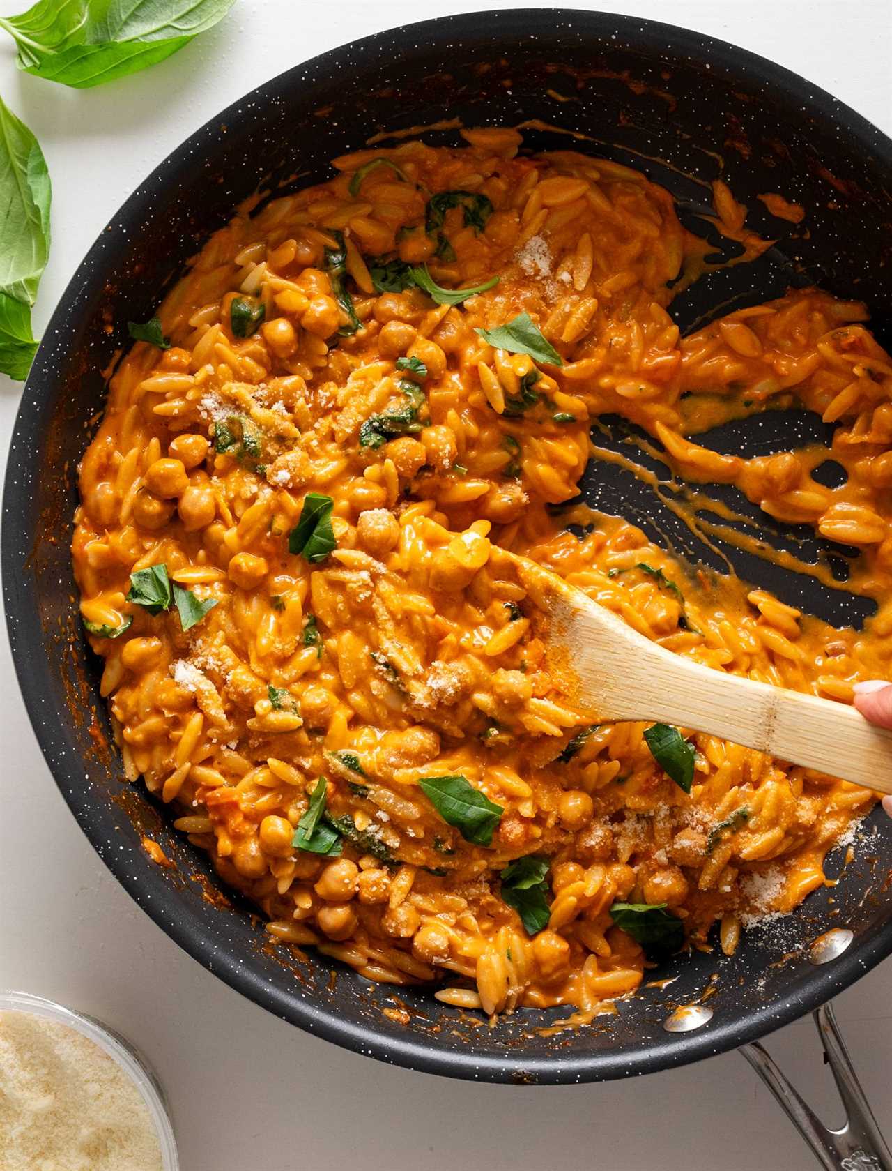 Marry Me Chickpeas and Orzo in a skillet.