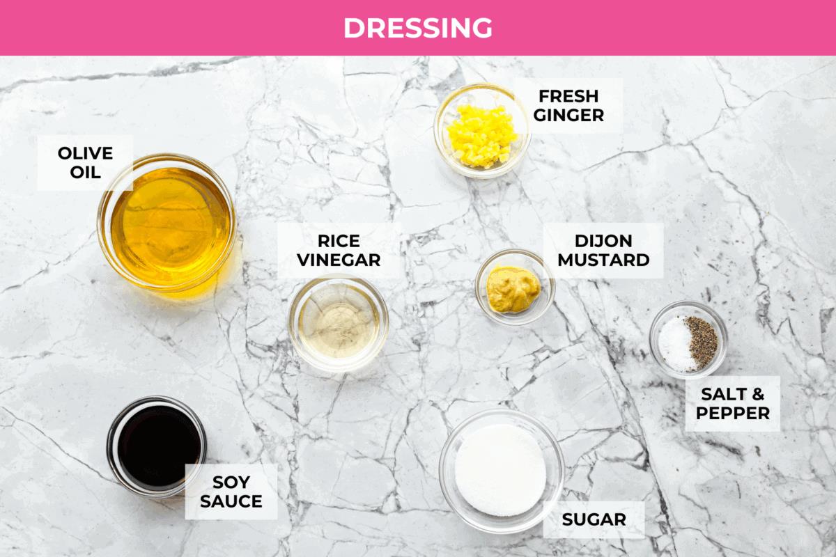 Overhead shot of labeled dressing ingredients. 