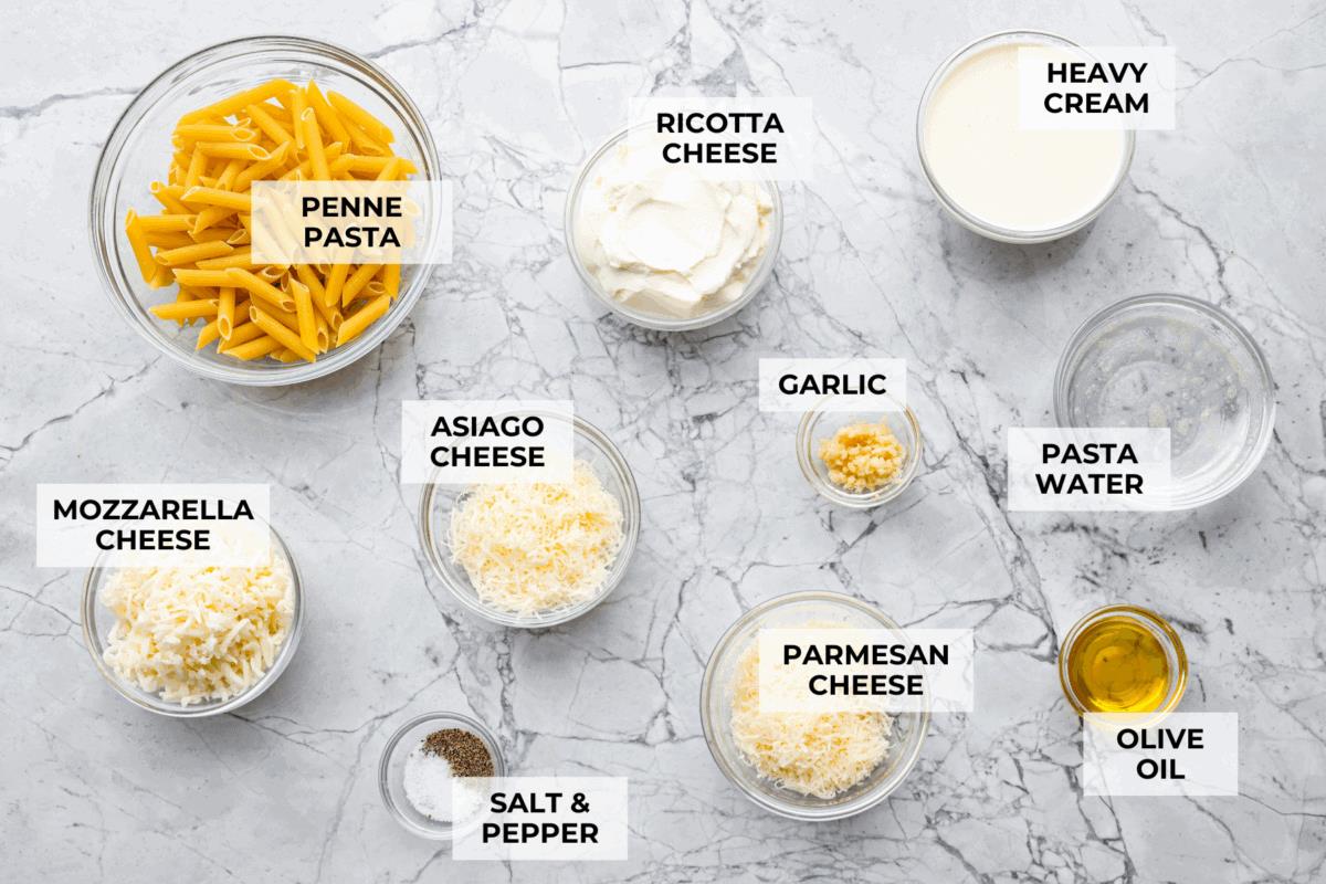 Overhead shot of labeled ingredients. 