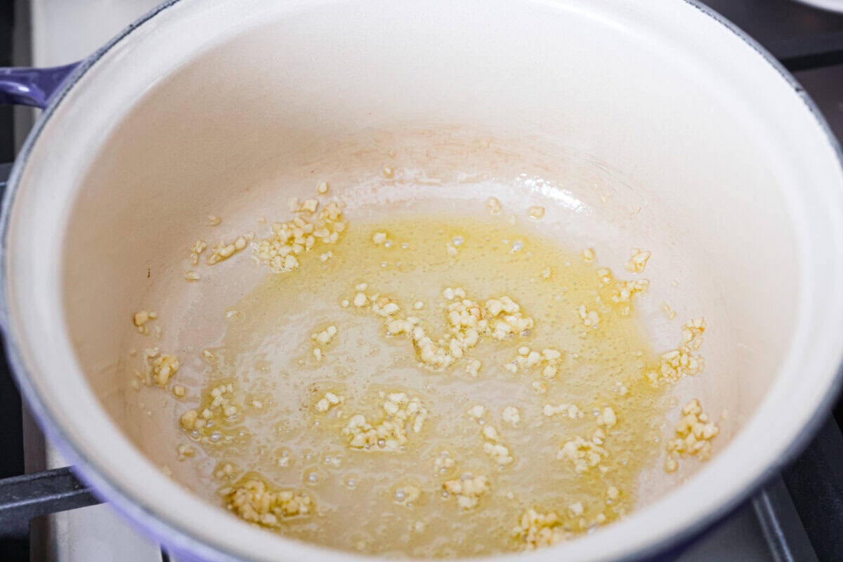 Garlic and olive oil in the bottom of the pan. 