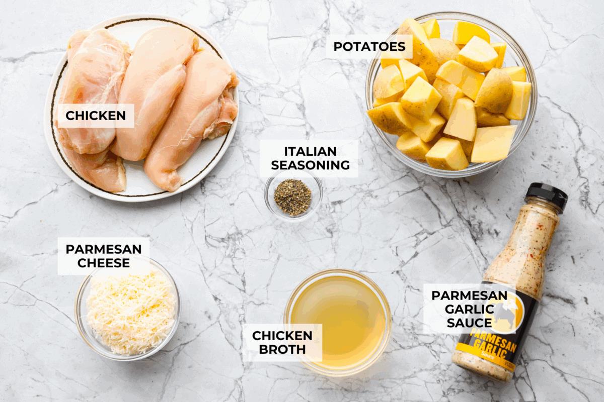 Overhead shot of labeled ingredients. 