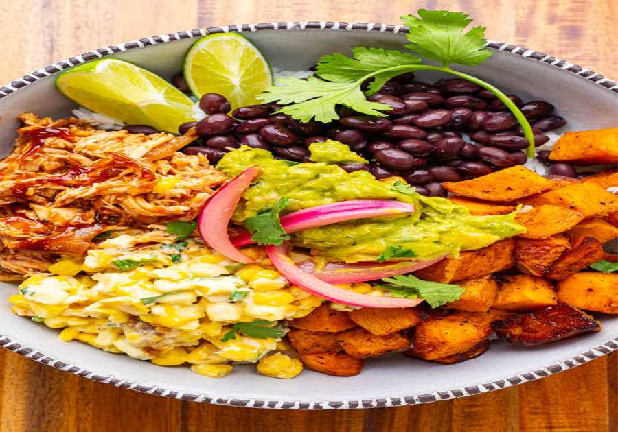 Barbeque Hen, Street Corn and Chipotle Roast Sweet Potatoes Bowls