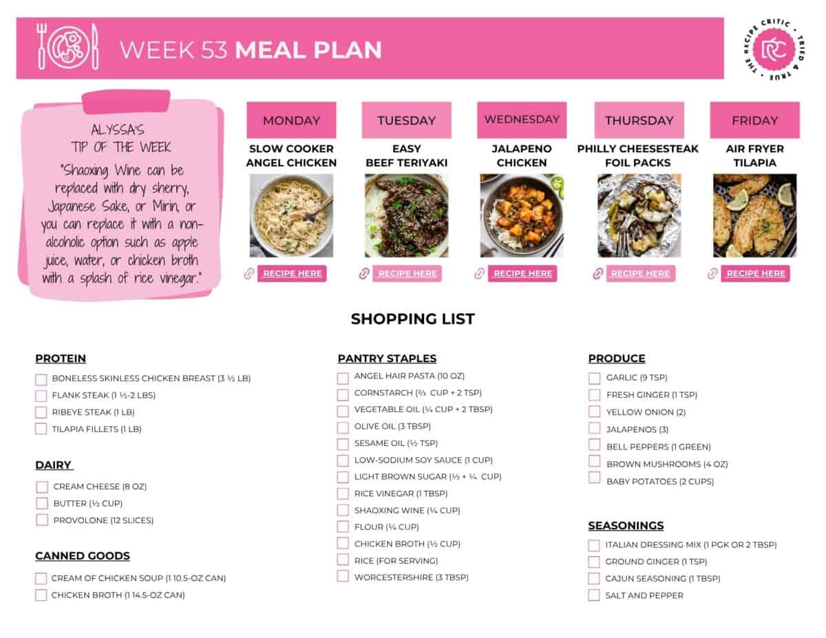 Meal plan and printable shopping list.