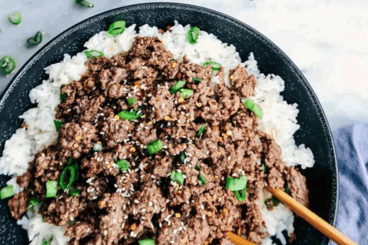 Korean Beef and Rice Bowl with chopsticks. 