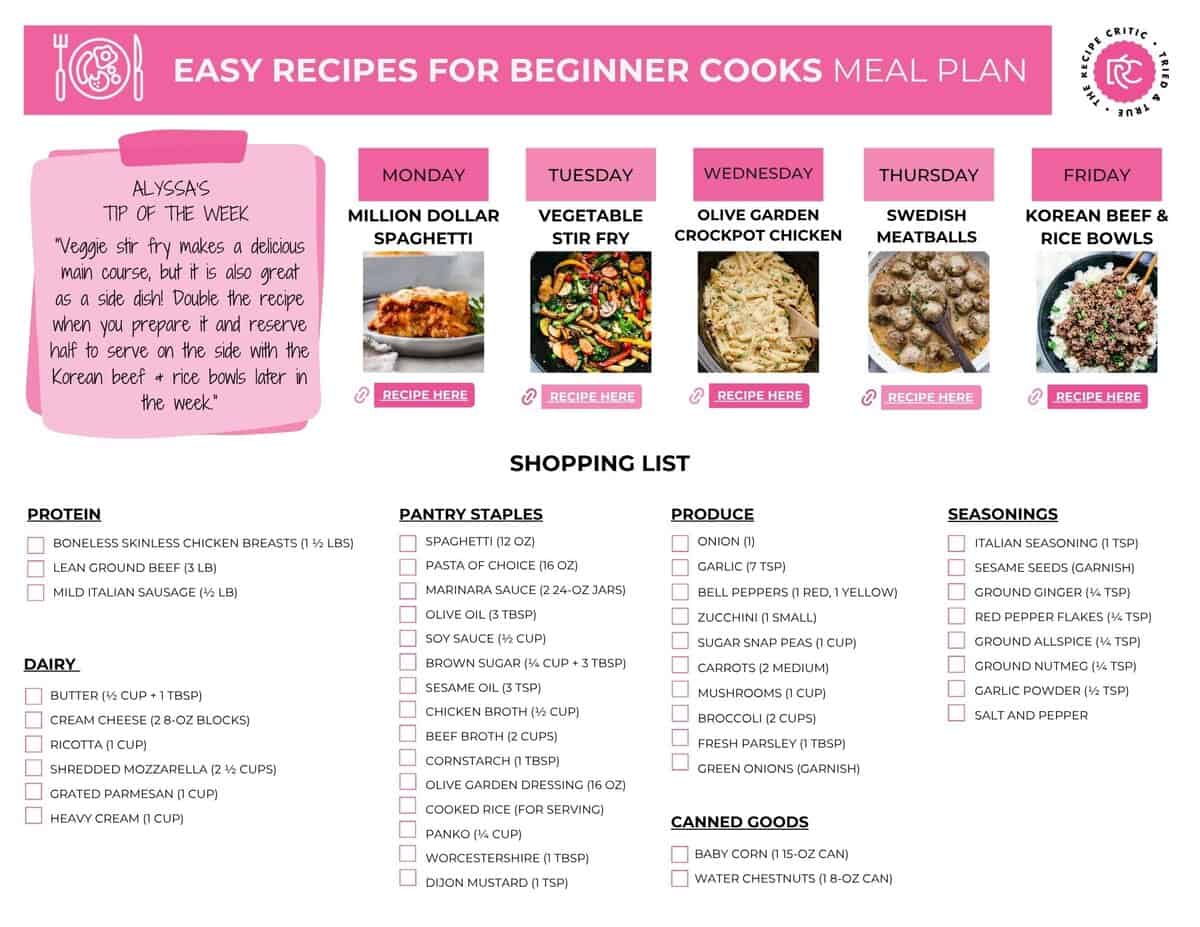 Image of the free printable included in the meal plan. 