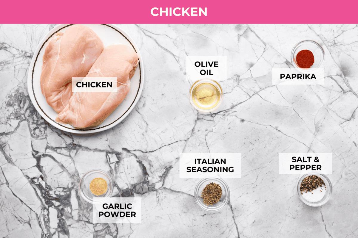 Overhead shot of labeled marry me ramen chicken ingredients.