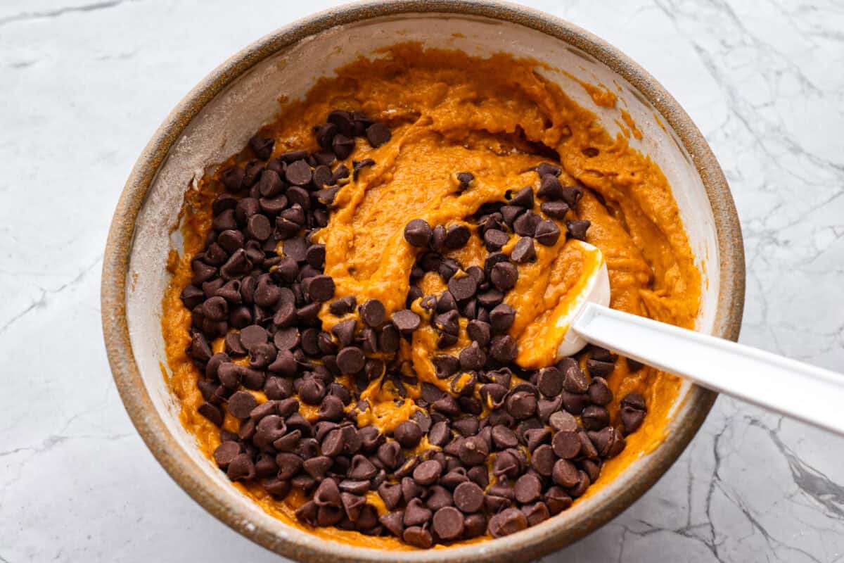 Wet and dry ingredients mixed together with chocolate chips.