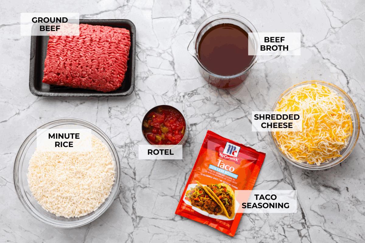 Overhead shot of labeled taco rice ingredients. 