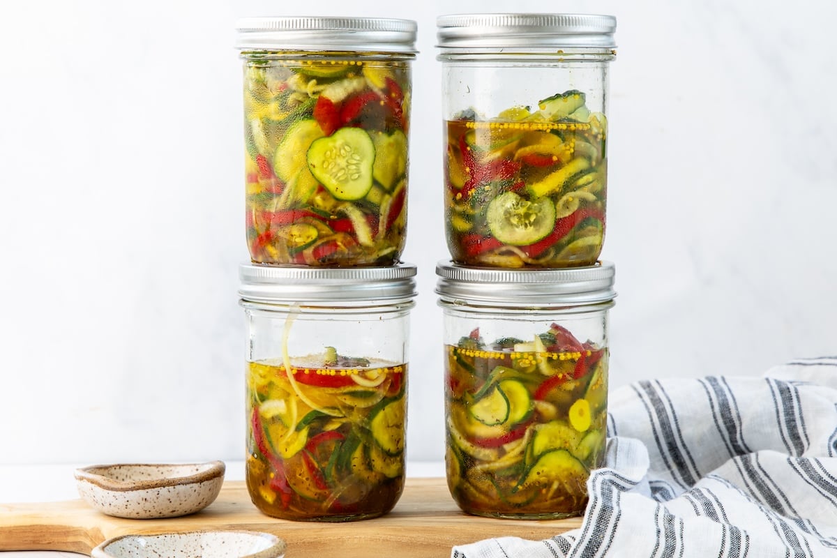 jars of stacked bread and butter pickles