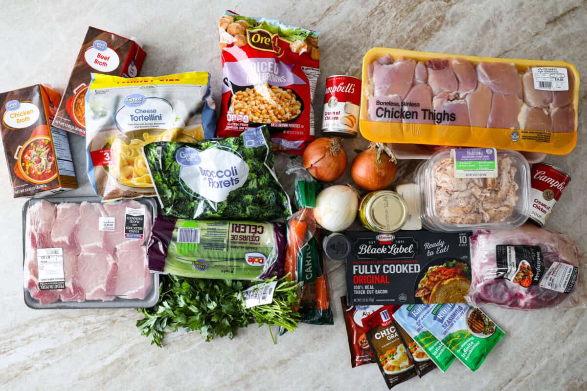 Freezer meal ingredients laid out on the counter. 