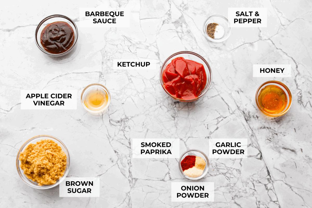 Overhead shot of labeled ingredients.