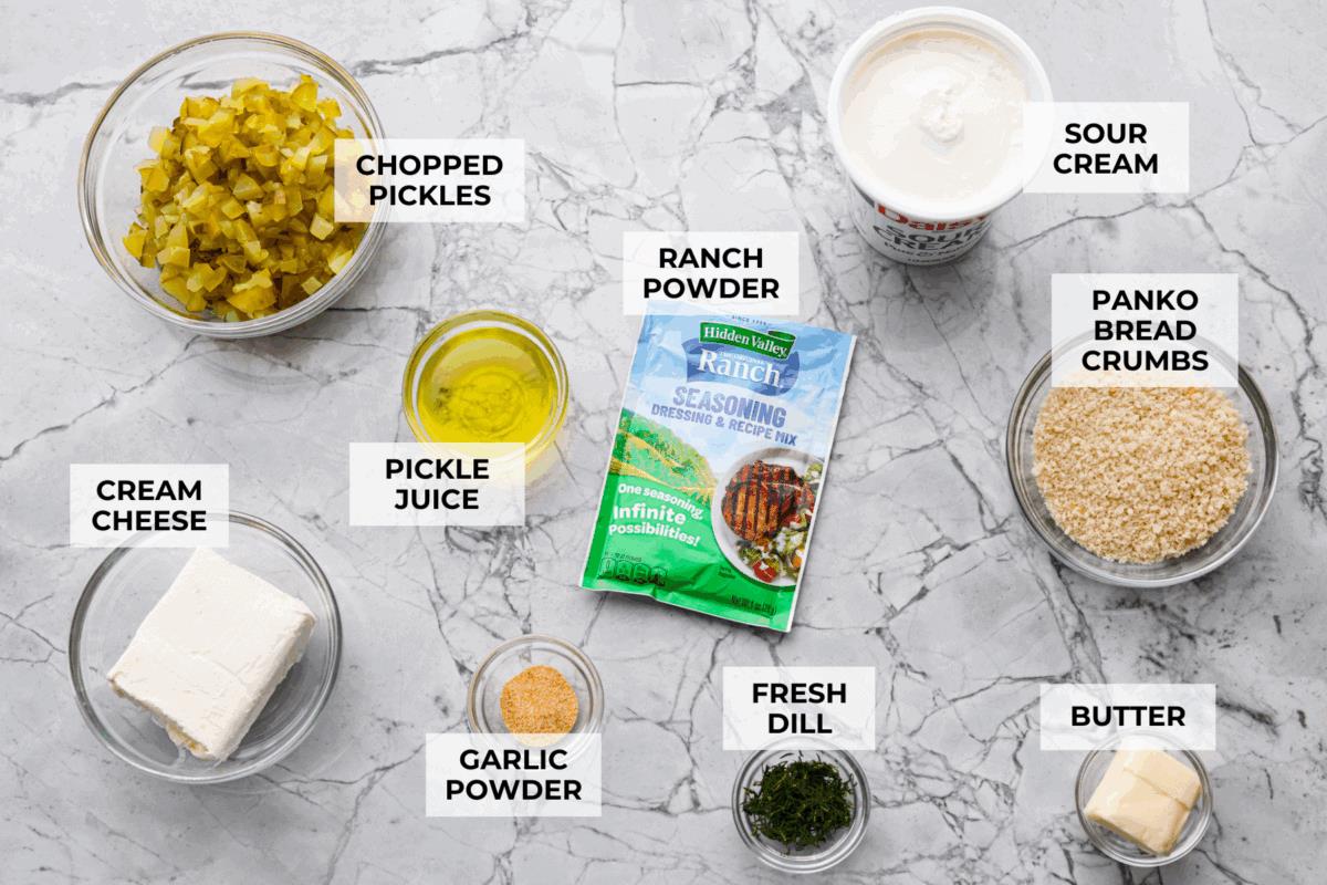 Overhead shot of labeled fried pickle dip ingredients. 