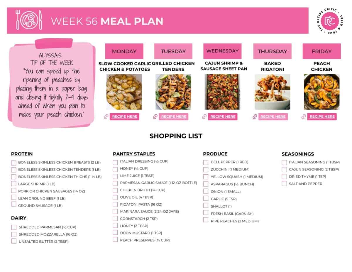 If you’re dreaming of calmer evenings and meals everyone actually enjoys, this weekly meal plan is for you. Print the shopping list, stock up, and get ready for comforting, easy recipes that make dinnertime feel good again. Image of the weekly meal plan's printable shopping list.