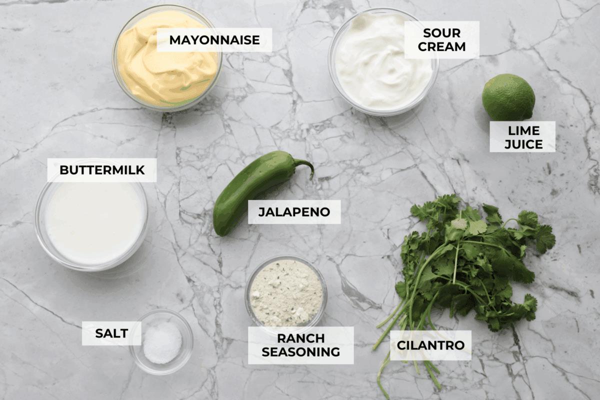 Overhead shot of labeled ingredients. 