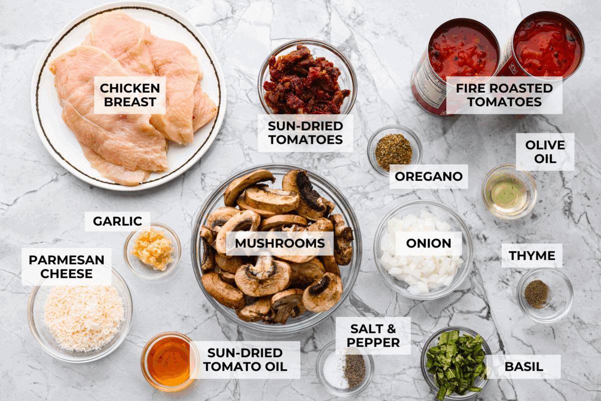 Overhead shot of labeled ingredients. 