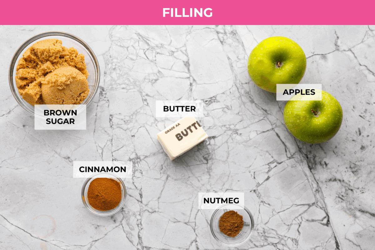 Overhead shot of labeled filling ingredients. 