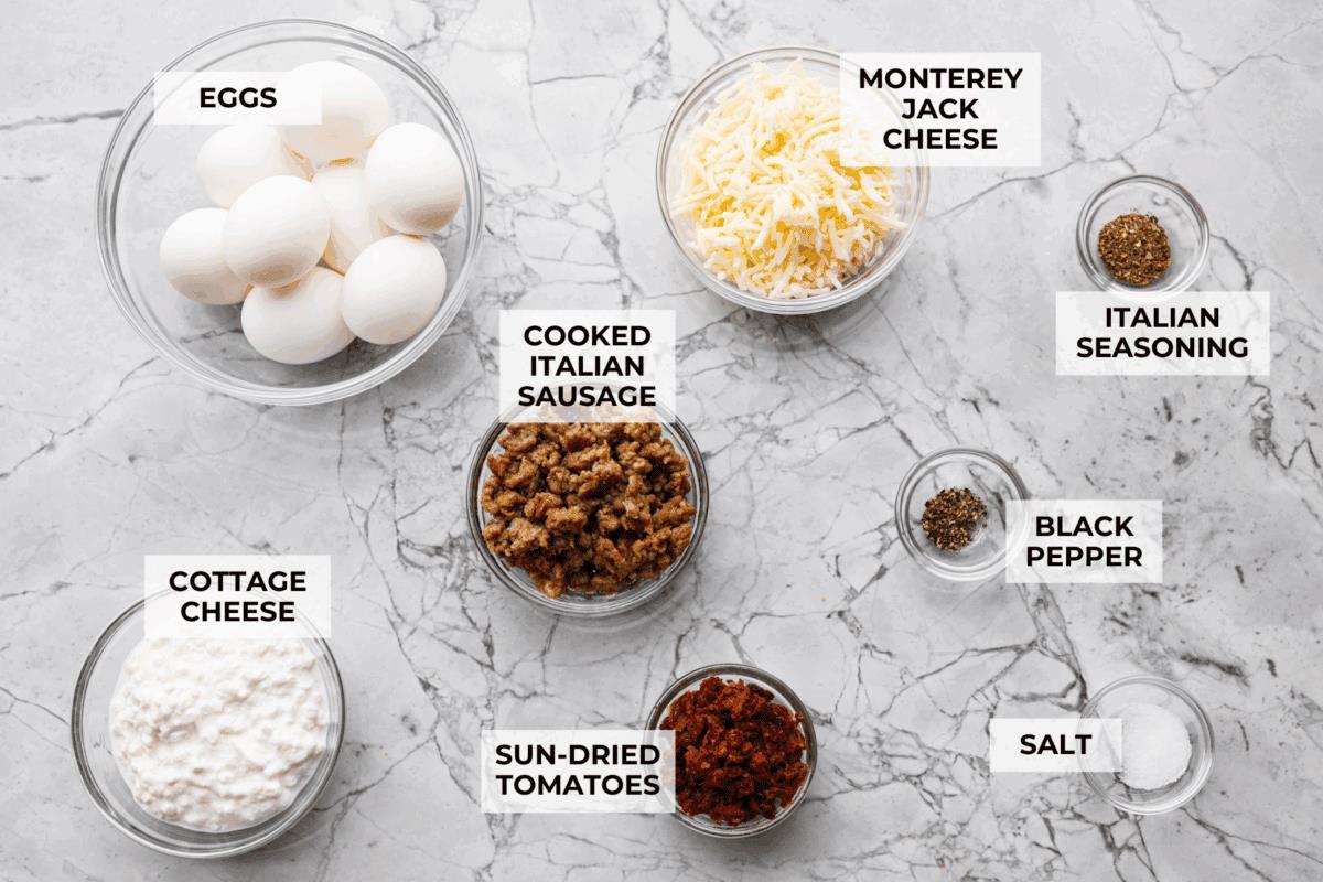 Overhead shot of labeled Starbucks Italian sausage egg bite copycat ingredients. 