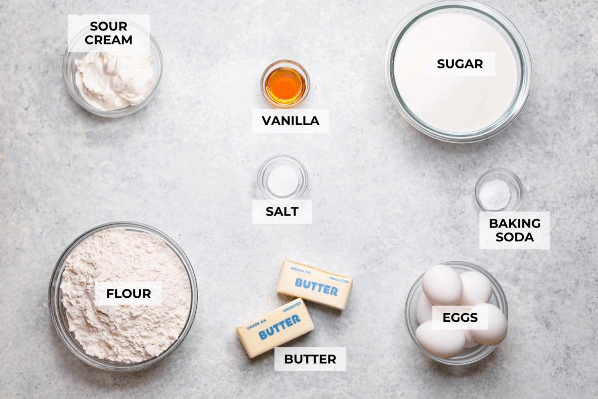 Overhead shot of labeled ingredients.