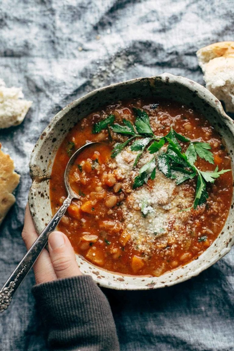 Minestrone soup in a bowl.