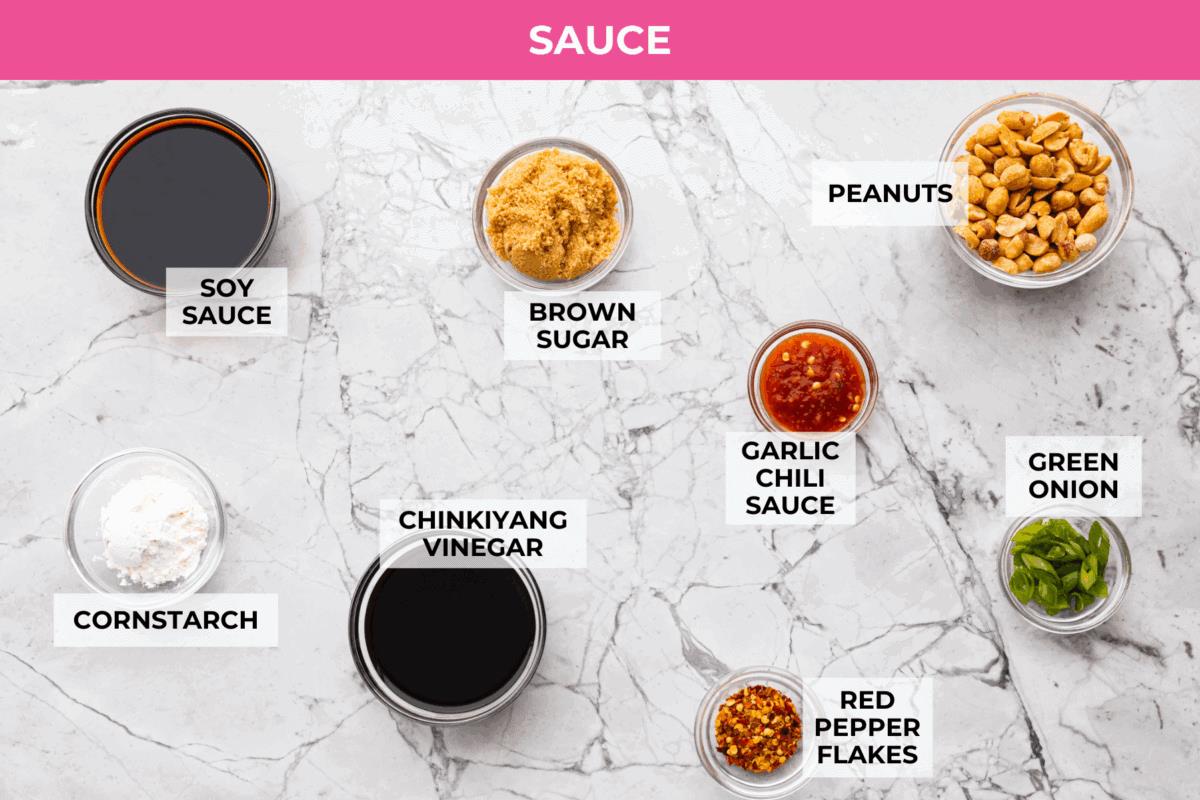 Overhead shot of the labeled Kung Pao chicken noodles sauce ingredients.