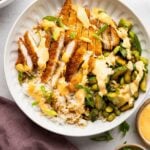 chicken katsu bowl with sriracha mayo on side