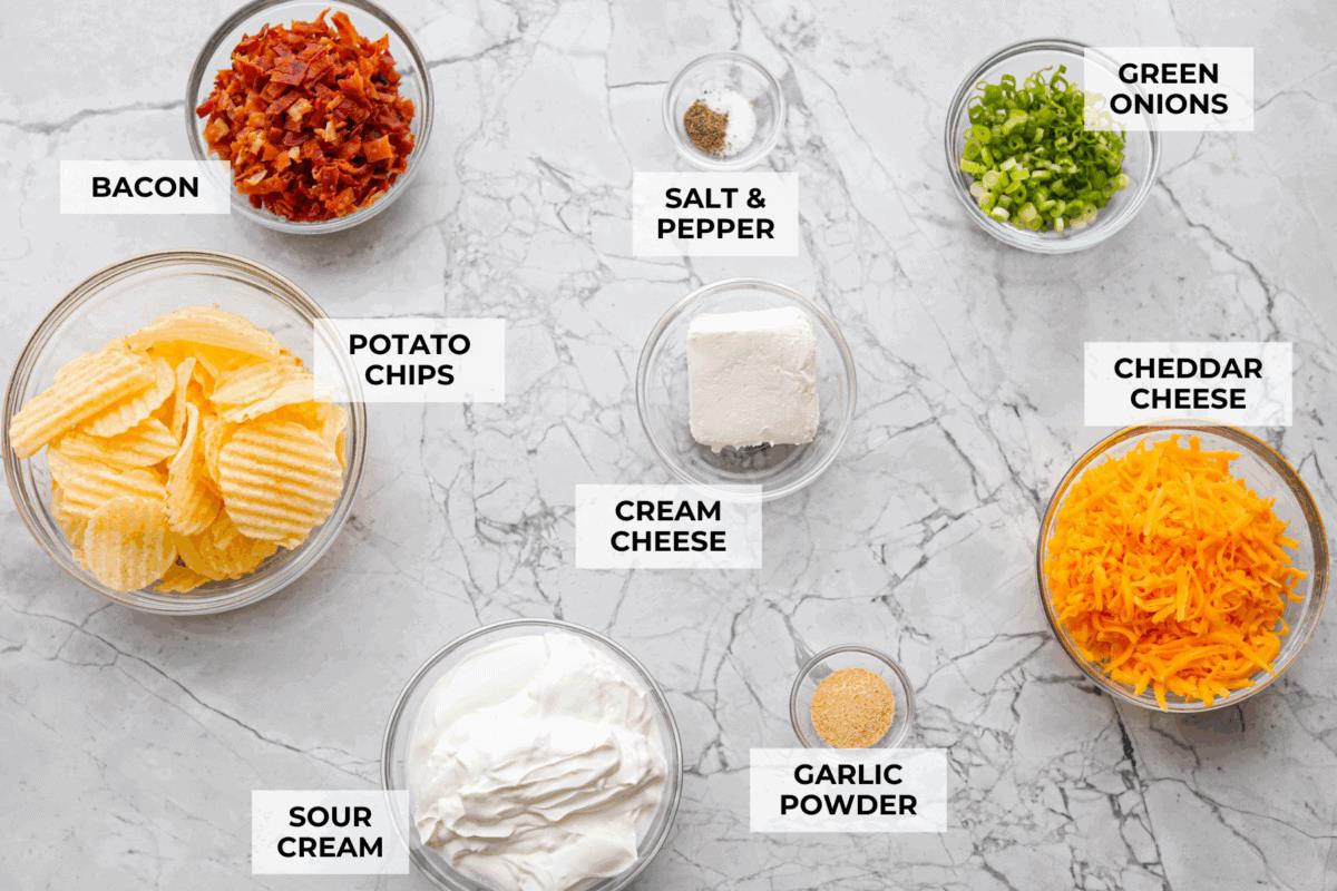 Overhead shot of labeled ingredients. 
