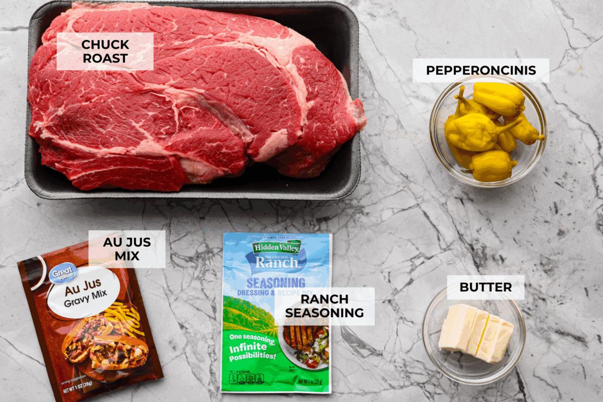 Overhead shot of labeled ingredients. 