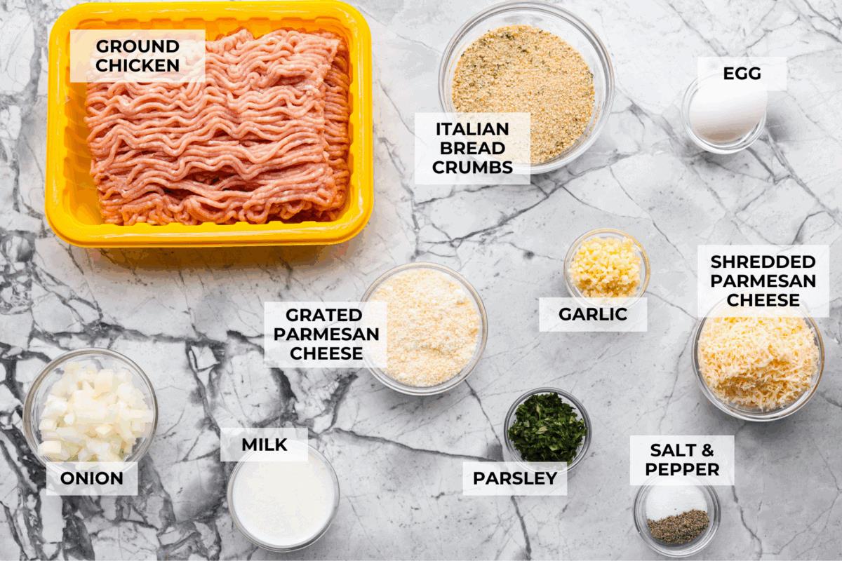 Overhead shot of labeled ingredients.