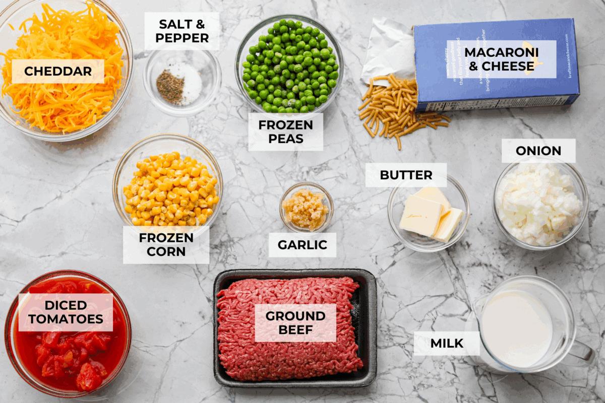 Shipwreck casserole is the ultimate “use what you’ve got” comfort food! Layer it with rice, potatoes, or pasta, toss in any veggies on hand, and make it as cheesy as you like. It’s hearty, budget-friendly, and nearly impossible to mess up! Overhead shot of labeled shipwreck casserole ingredients.