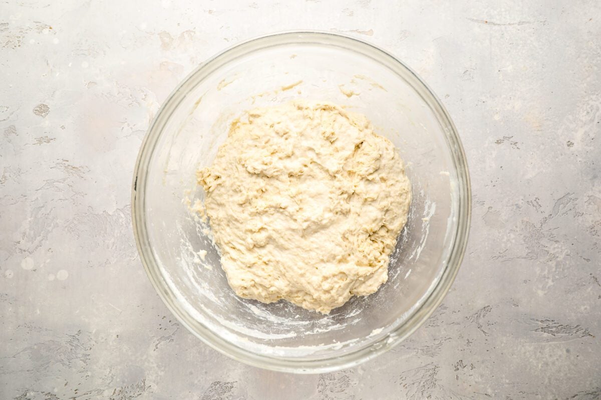 large bowl with dough after 45 minute rest