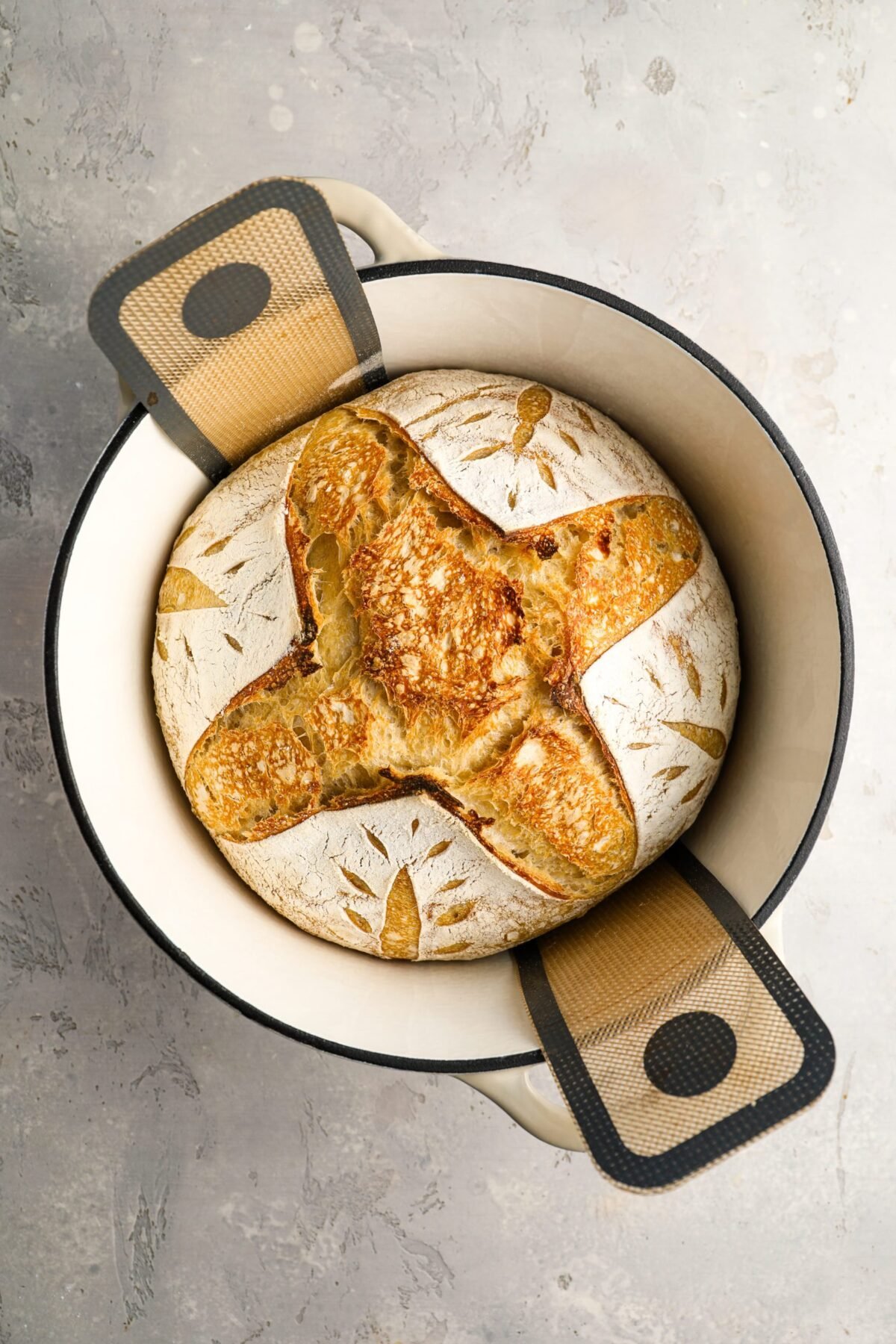 fully baked sourdough bread in dutch oven