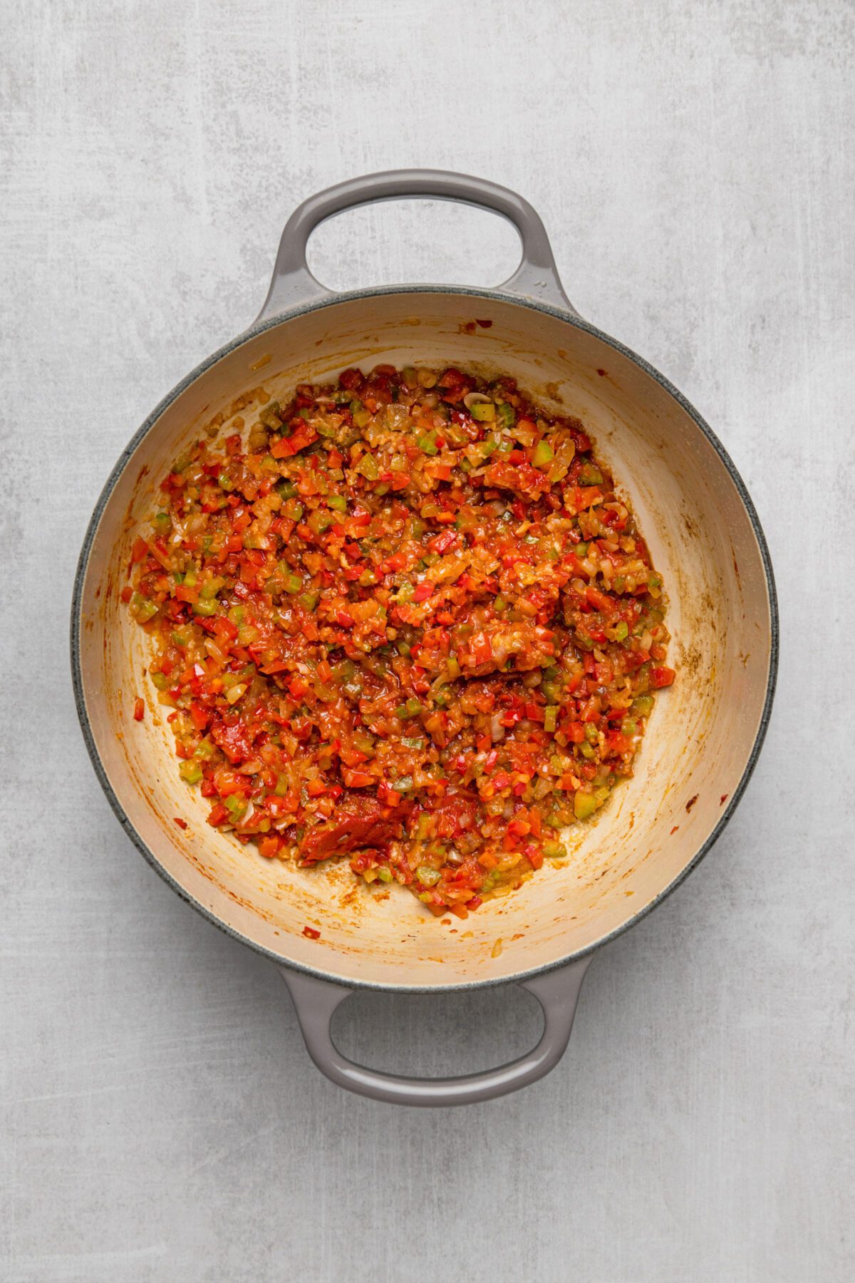 cooked onion, celery, bell pepper, and garlic in dutch oven
