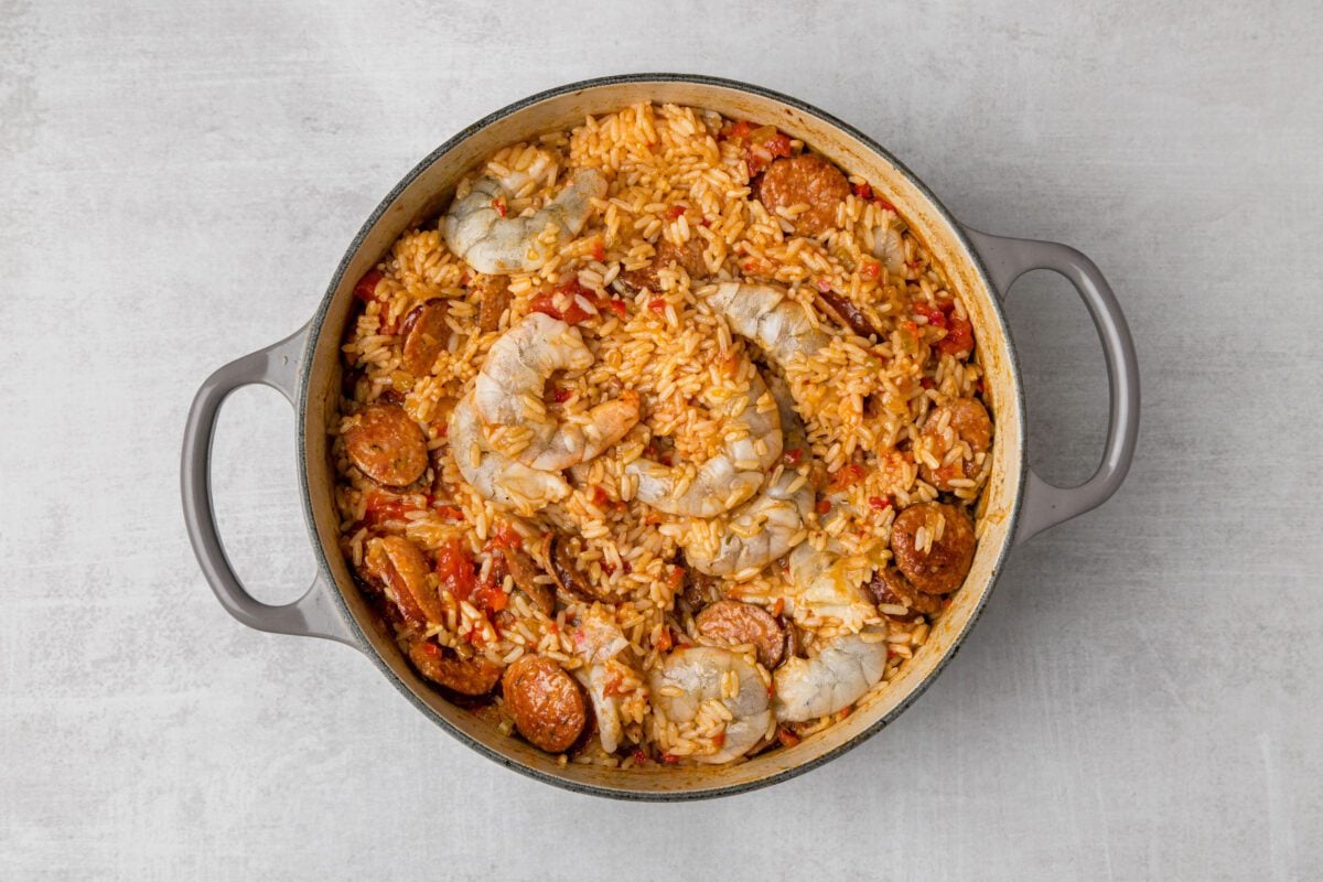 shrimp added to dutch oven with remaining ingredients