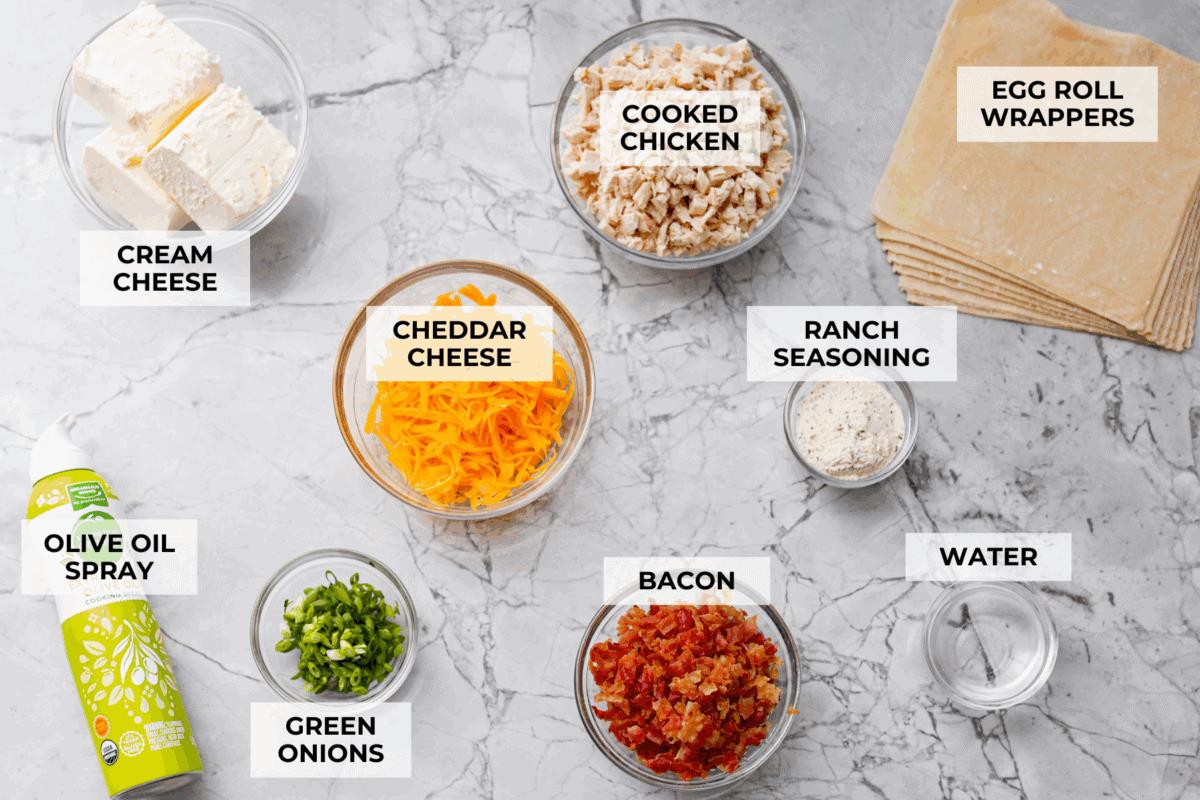 Overhead shot of labeled ingredients.