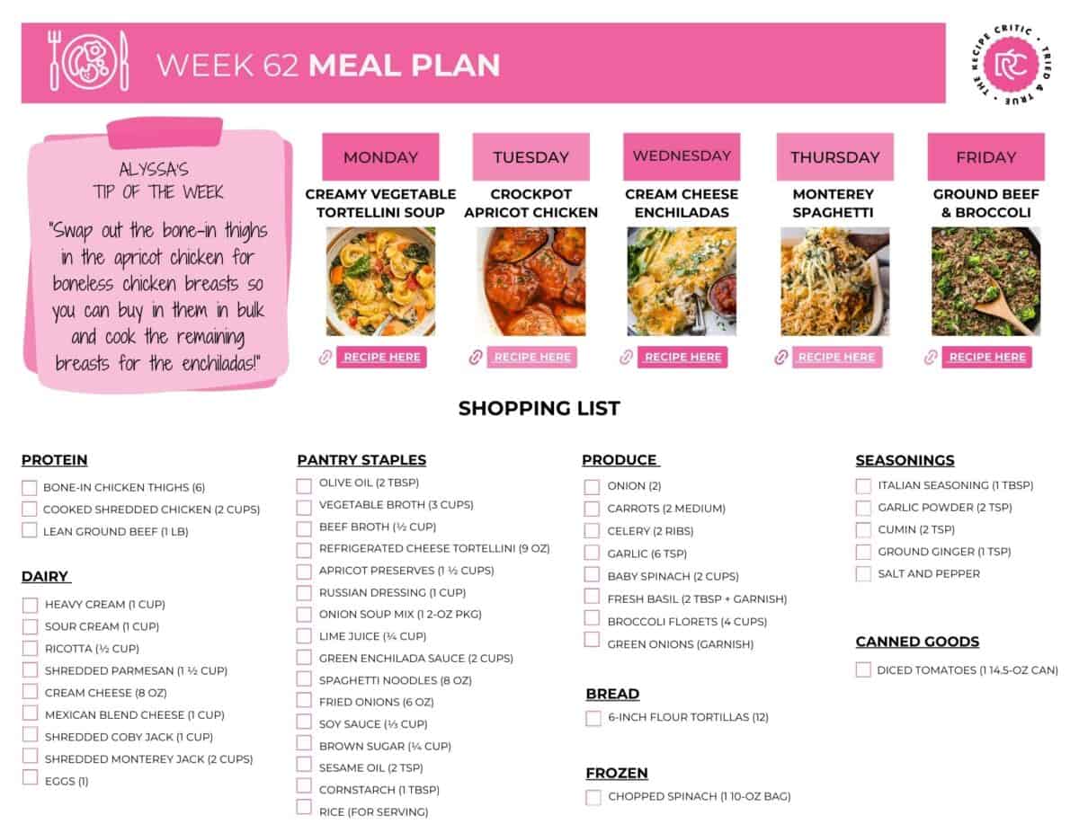 Free printable shopping list for this weekly meal plan. 