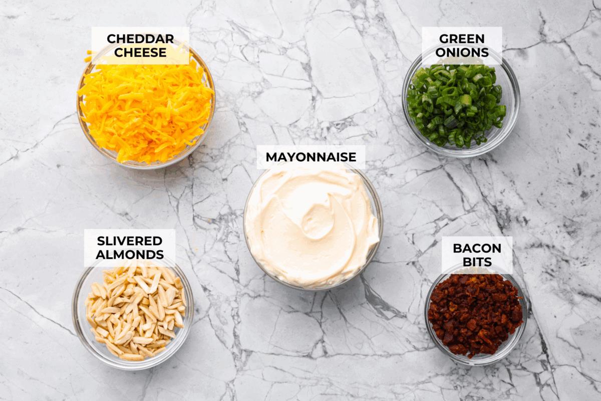 Overhead shot of labeled ingredients.