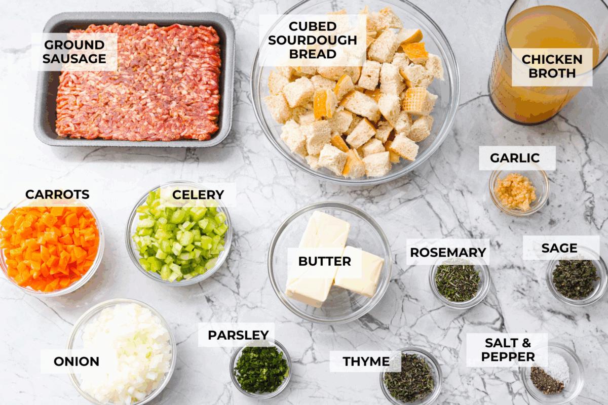 Overhead shot of labeled ingredients. 