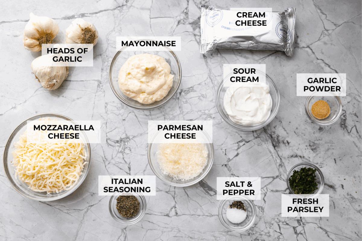 Overhead shot of labeled ingredients. 